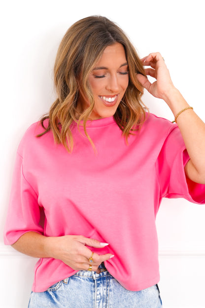 Scuba Knit Short Sleeve Drop Shoulder Basic Top