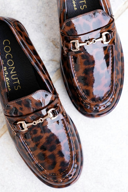Glossy Chic Animal Print Patent Platform Loafer with Gold Accent