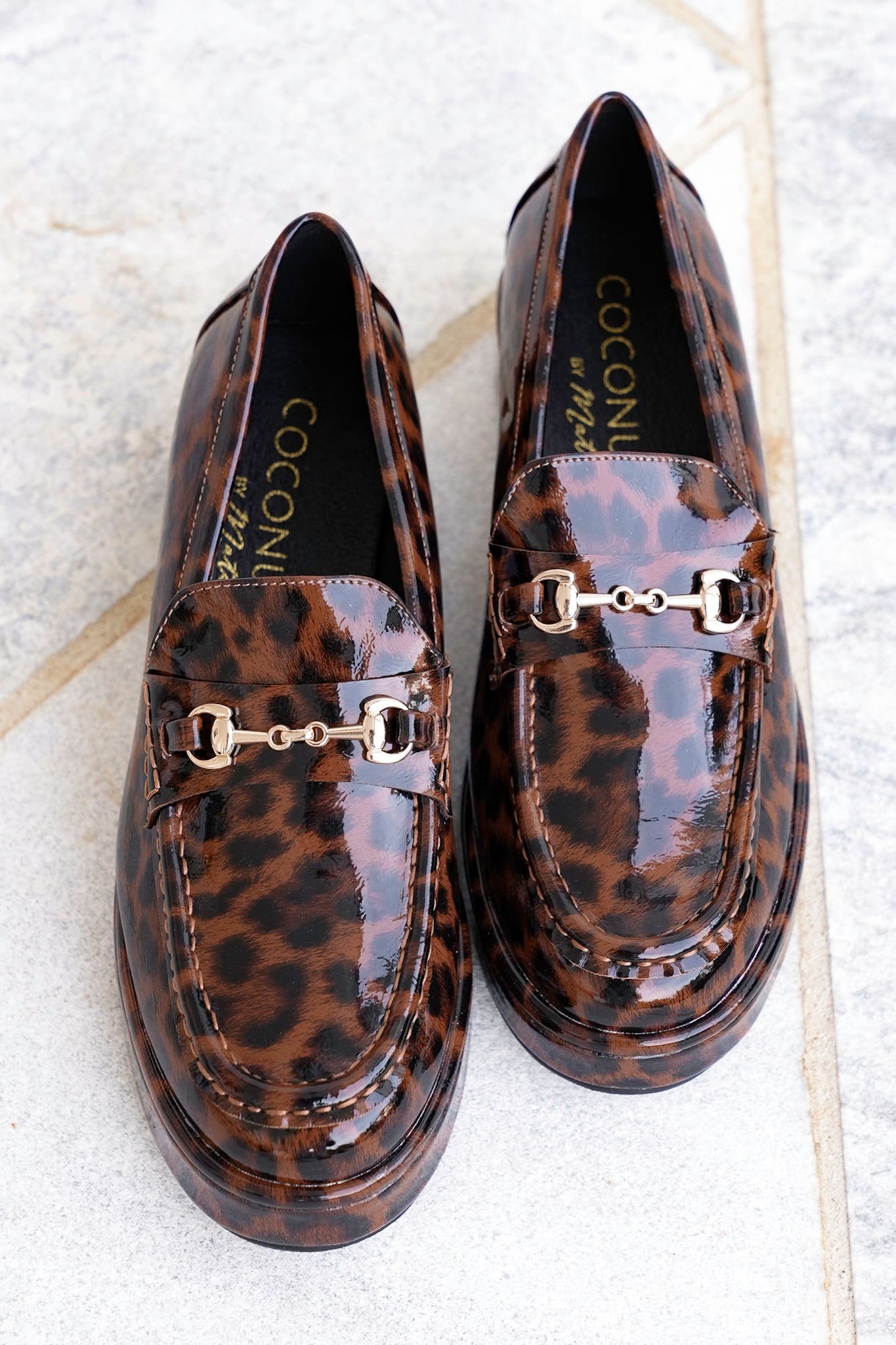 Glossy Chic Animal Print Patent Platform Loafer with Gold Accent