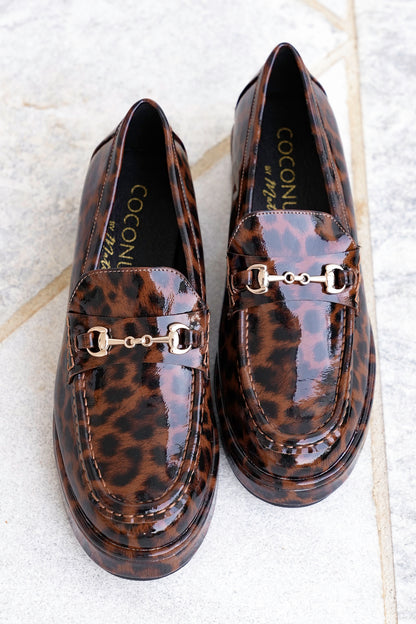 Glossy Chic Animal Print Patent Platform Loafer with Gold Accent
