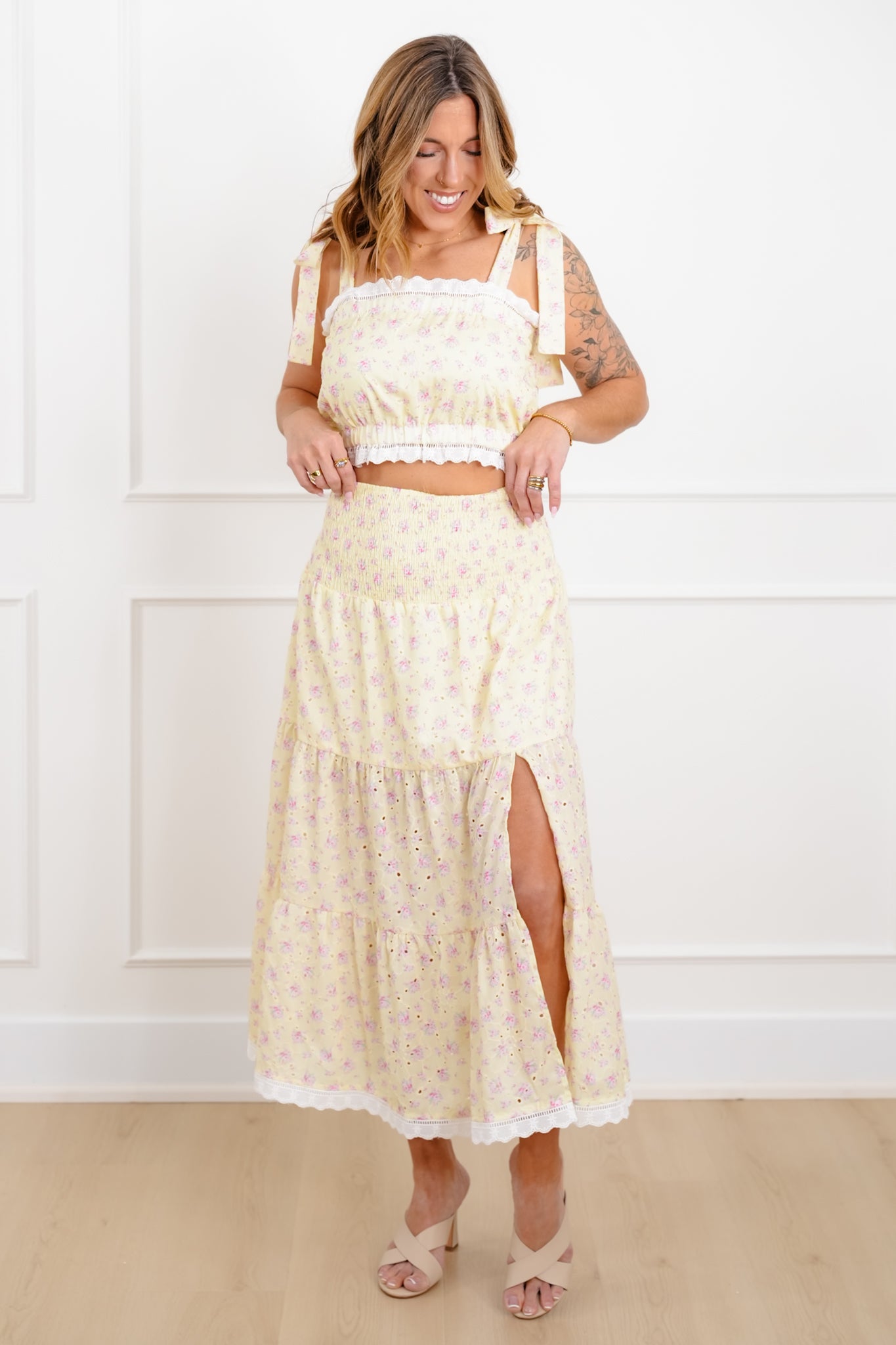 Floral Eyelet Smocked Waist Tiered Skirt