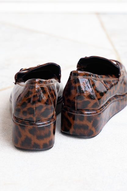 Glossy Chic Animal Print Patent Platform Loafer with Gold Accent