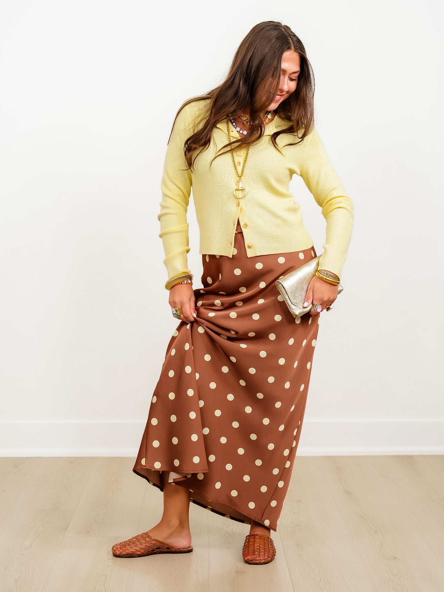 Satin Elastic Waist Polka Dot Maxi Skirt