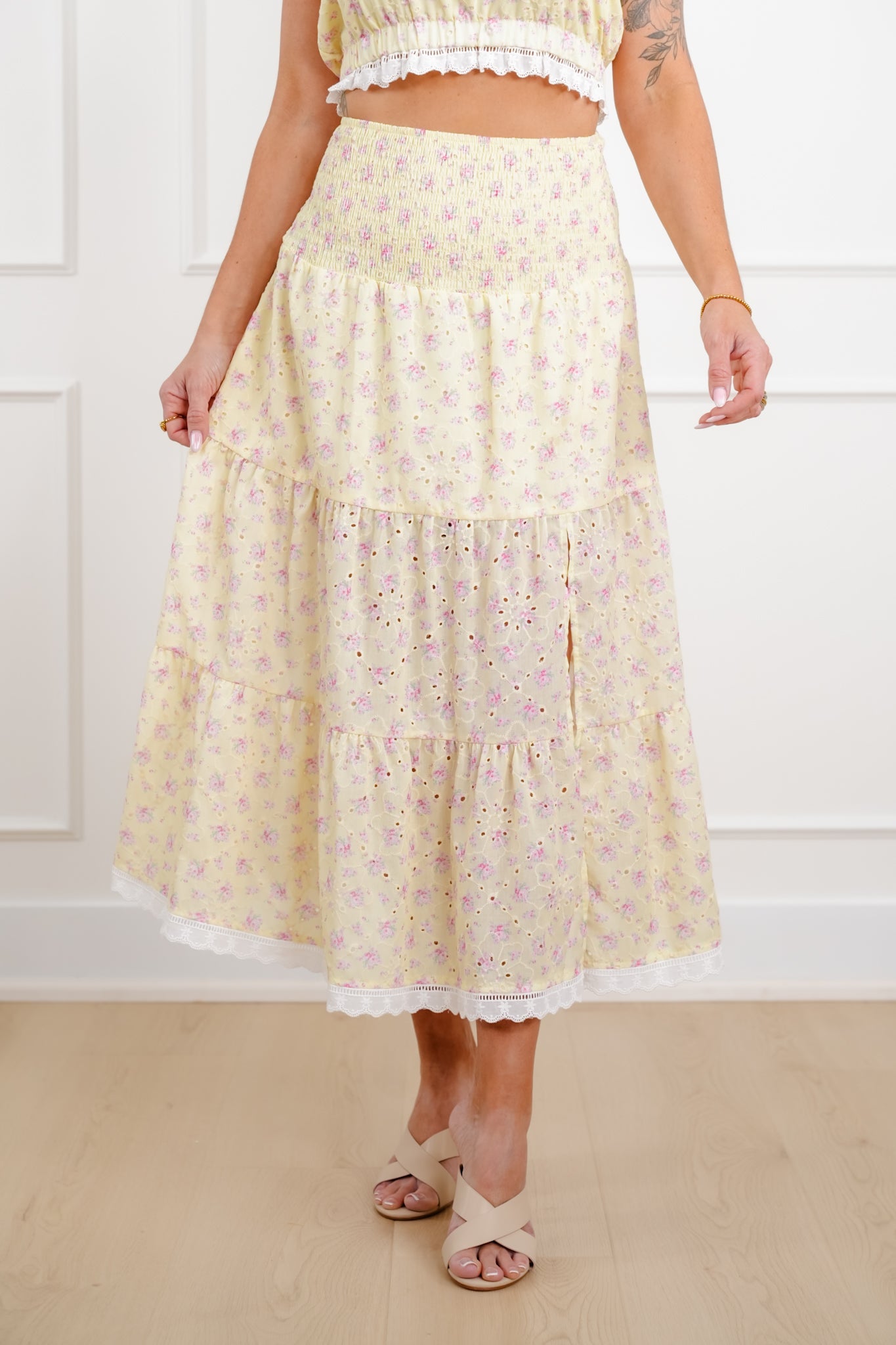 Floral Eyelet Smocked Waist Tiered Skirt