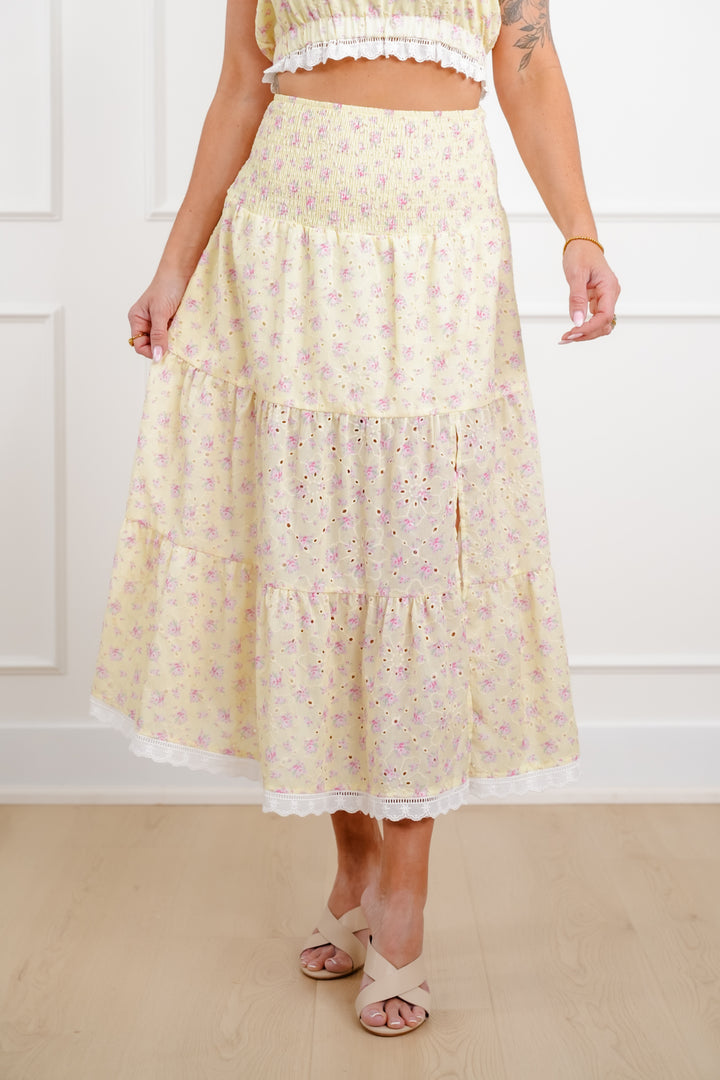 Floral Eyelet Smocked Waist Tiered Skirt