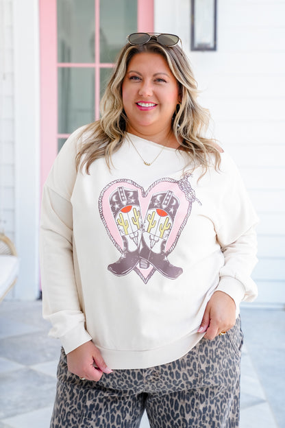 Cowboy Boot Print Long Sleeve French Terry Pullover Top
