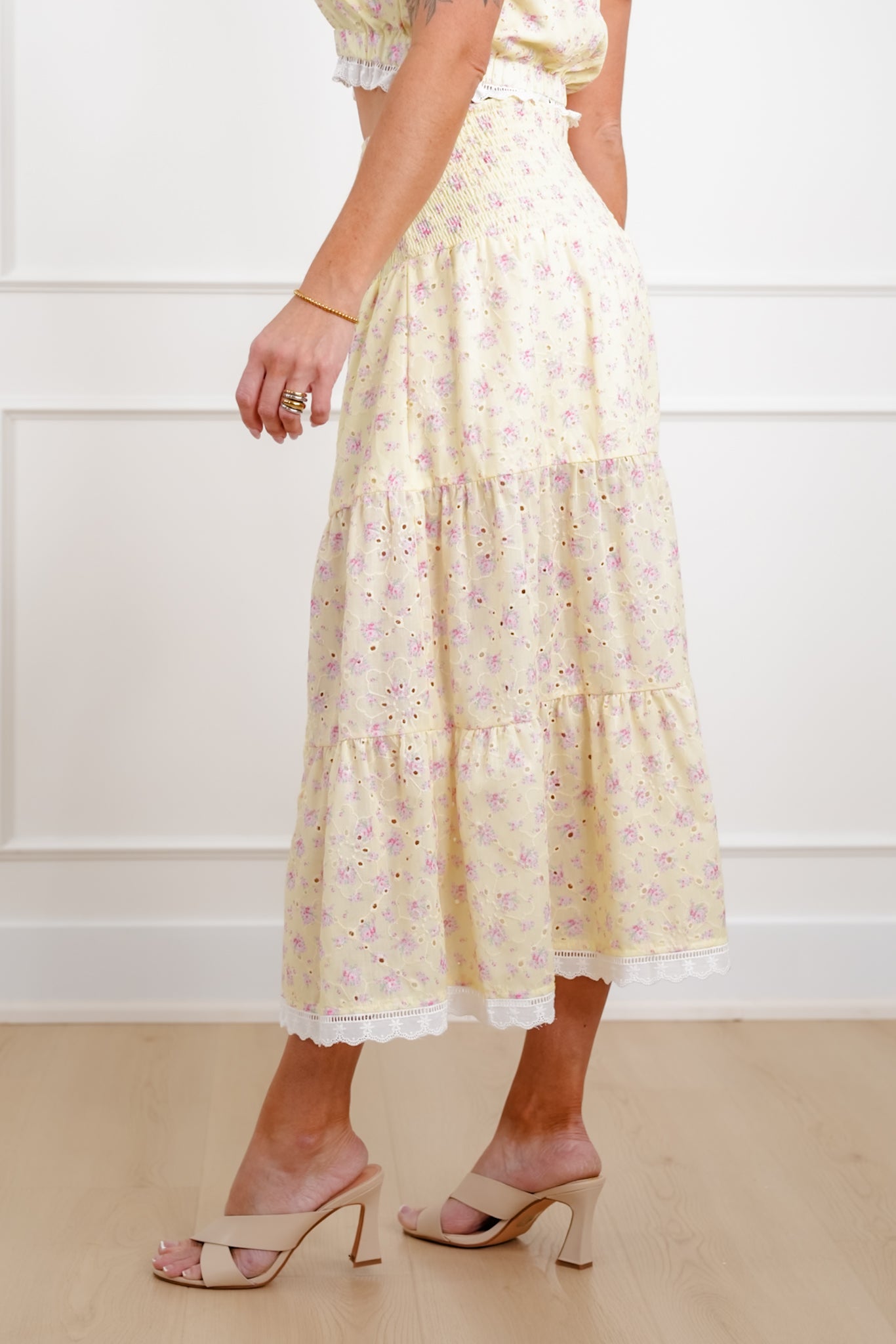 Floral Eyelet Smocked Waist Tiered Skirt