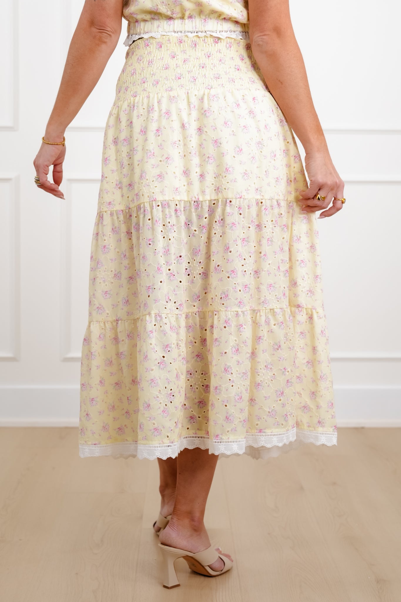 Floral Eyelet Smocked Waist Tiered Skirt