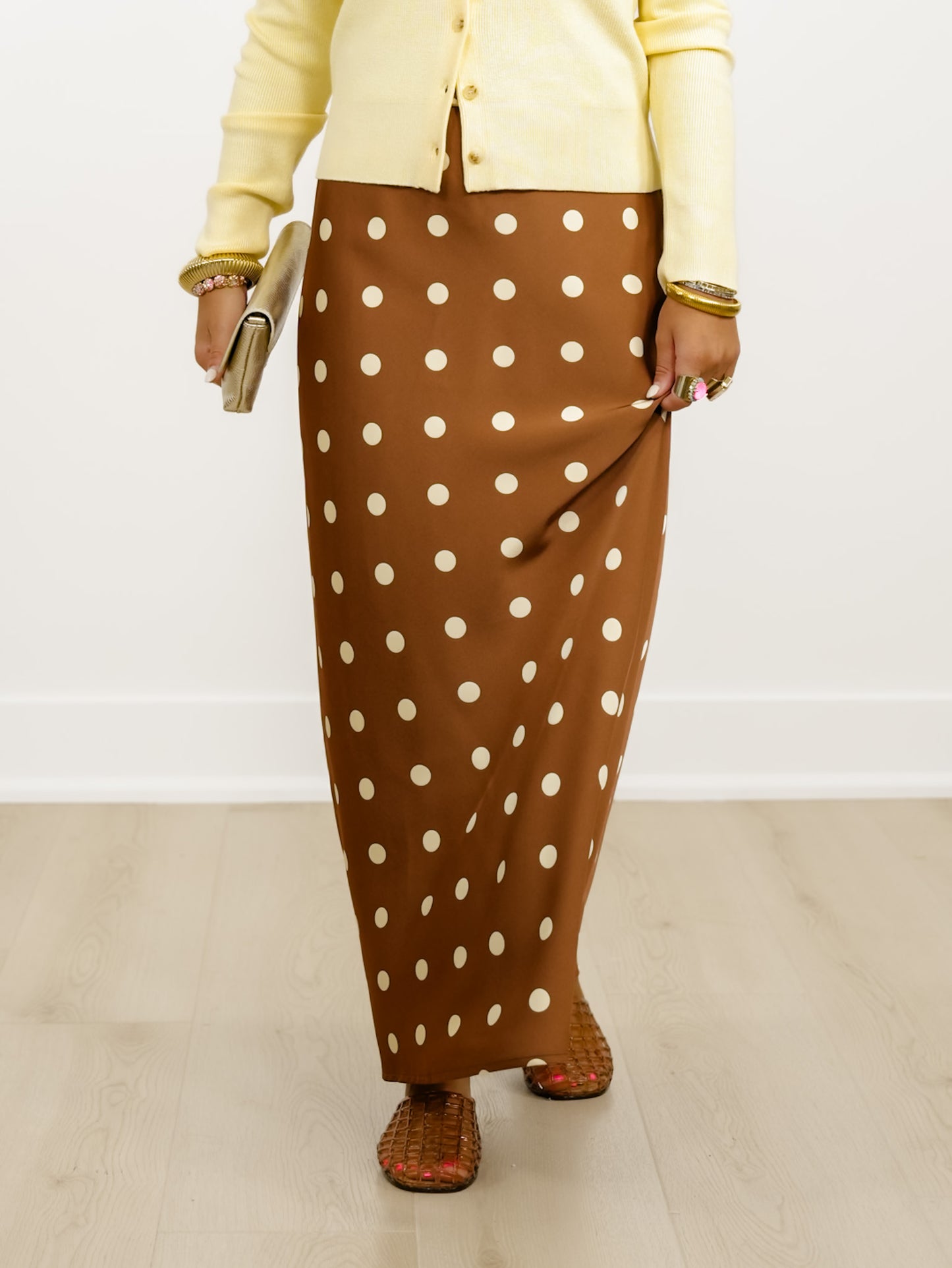 Satin Elastic Waist Polka Dot Maxi Skirt