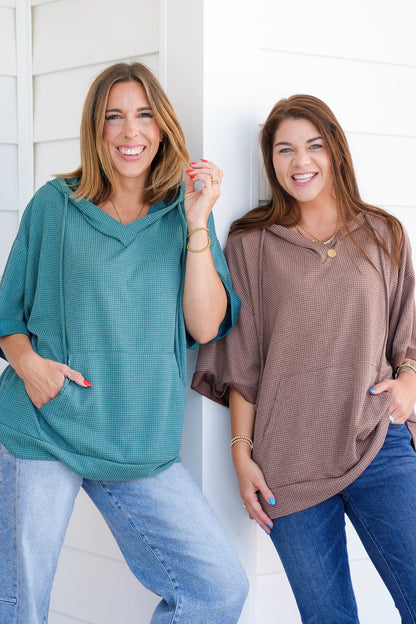 Door Buster! Plus/Reg Textured 3/4 Sleeve Hoodie Top with Front Pocket