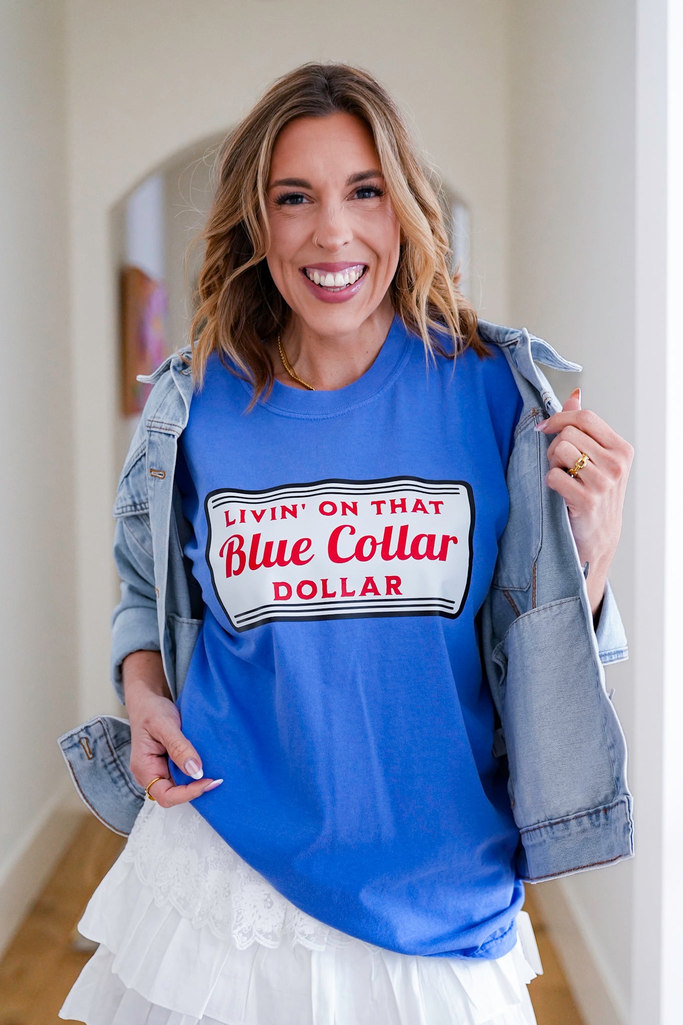 Plus/Reg Short Sleeve "Livin On That Blue Collar Dollar" Graphic Tee