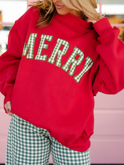 Long Sleeve Embroidered MERRY Mock Neck Sweatshirt - Freckled Poppy