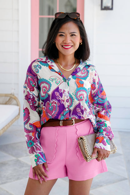 Gauze Long Sleeve Button Down Top with Multi Color Print