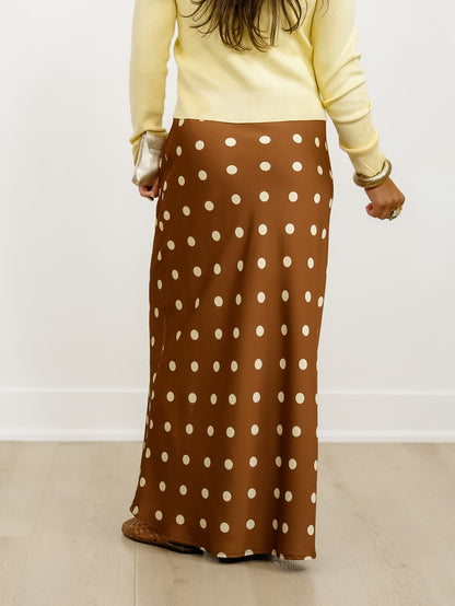 Satin Elastic Waist Polka Dot Maxi Skirt