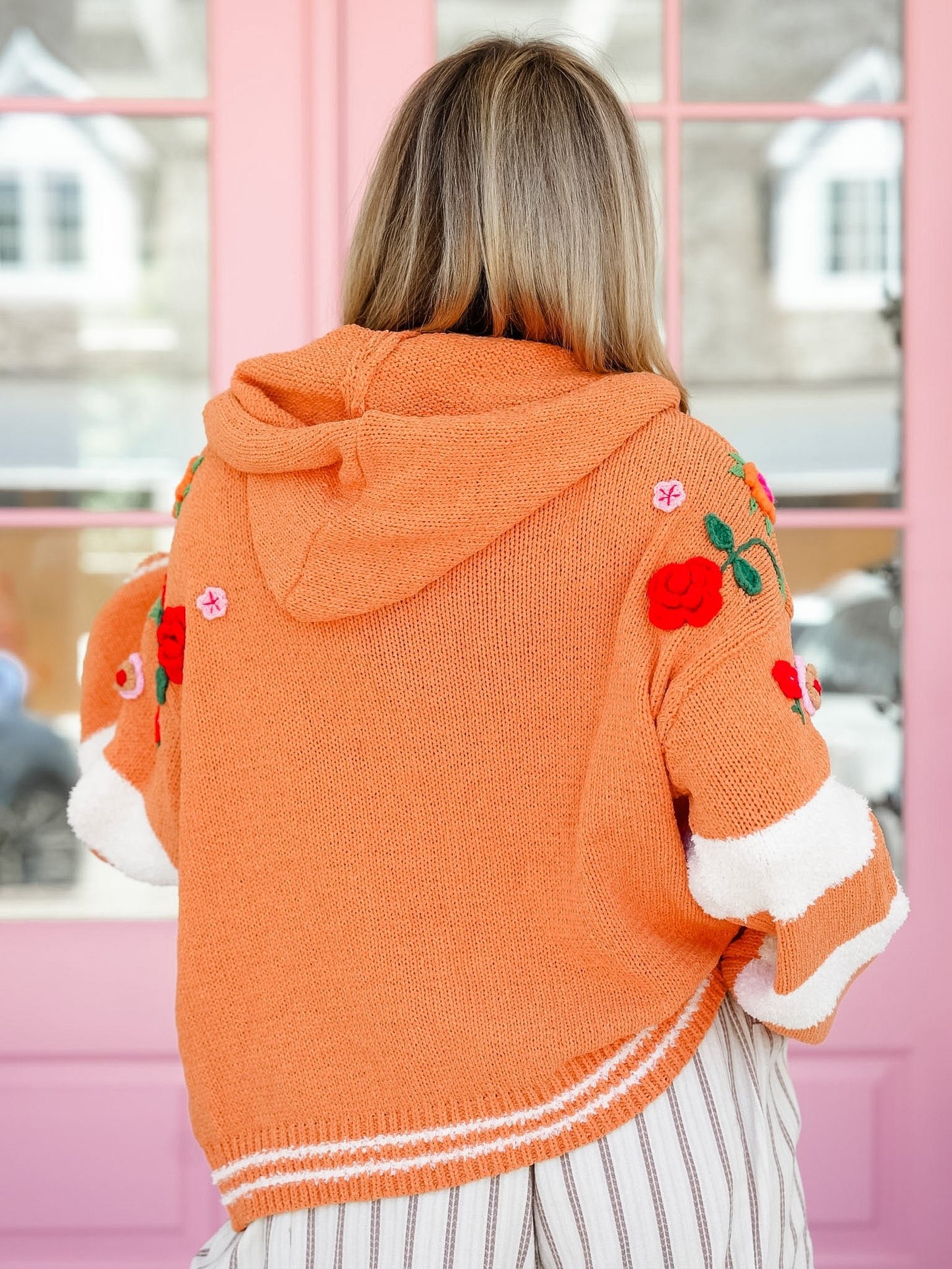 POL Stripe Long Sleeve Zip Up Hooded Sweater with Floral Accent - Freckled Poppy
