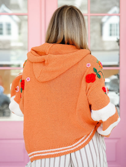 POL Stripe Long Sleeve Zip Up Hooded Sweater with Floral Accent - Freckled Poppy