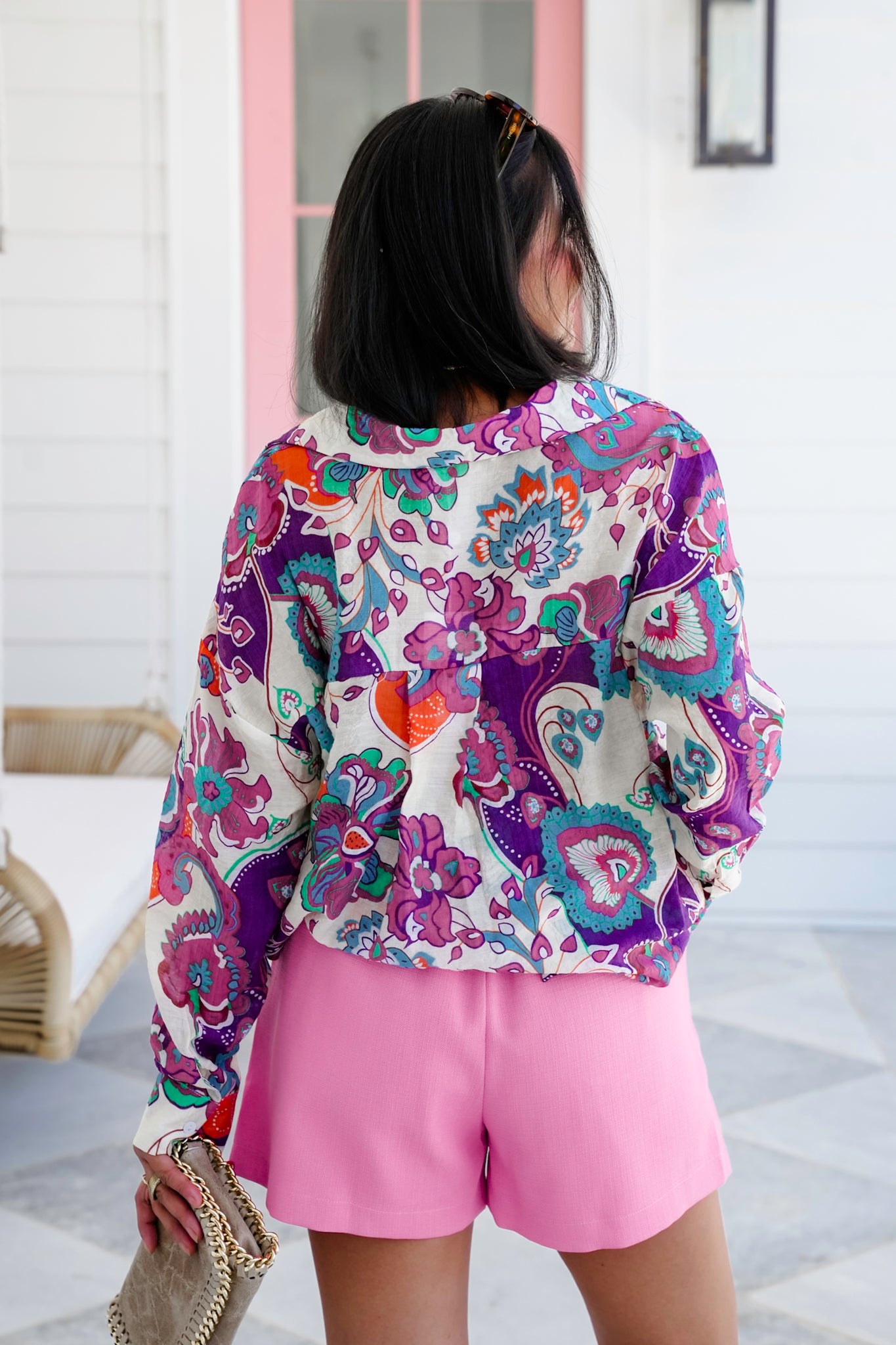 Gauze Long Sleeve Button Down Top with Multi Color Print