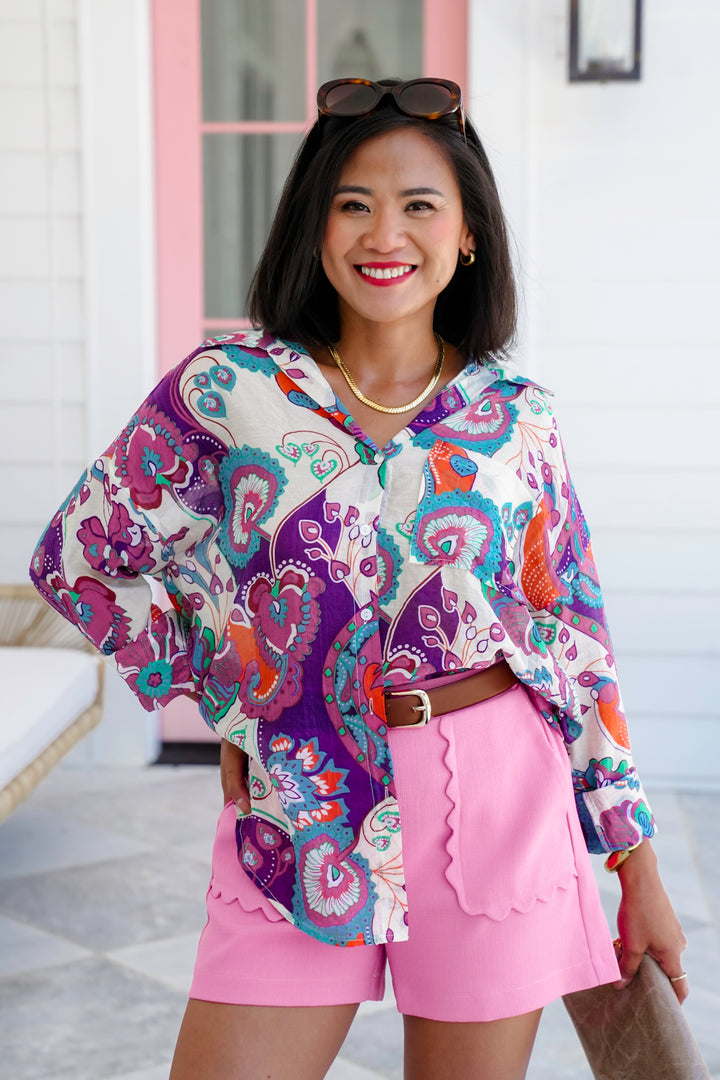 Gauze Long Sleeve Button Down Top with Multi Color Print