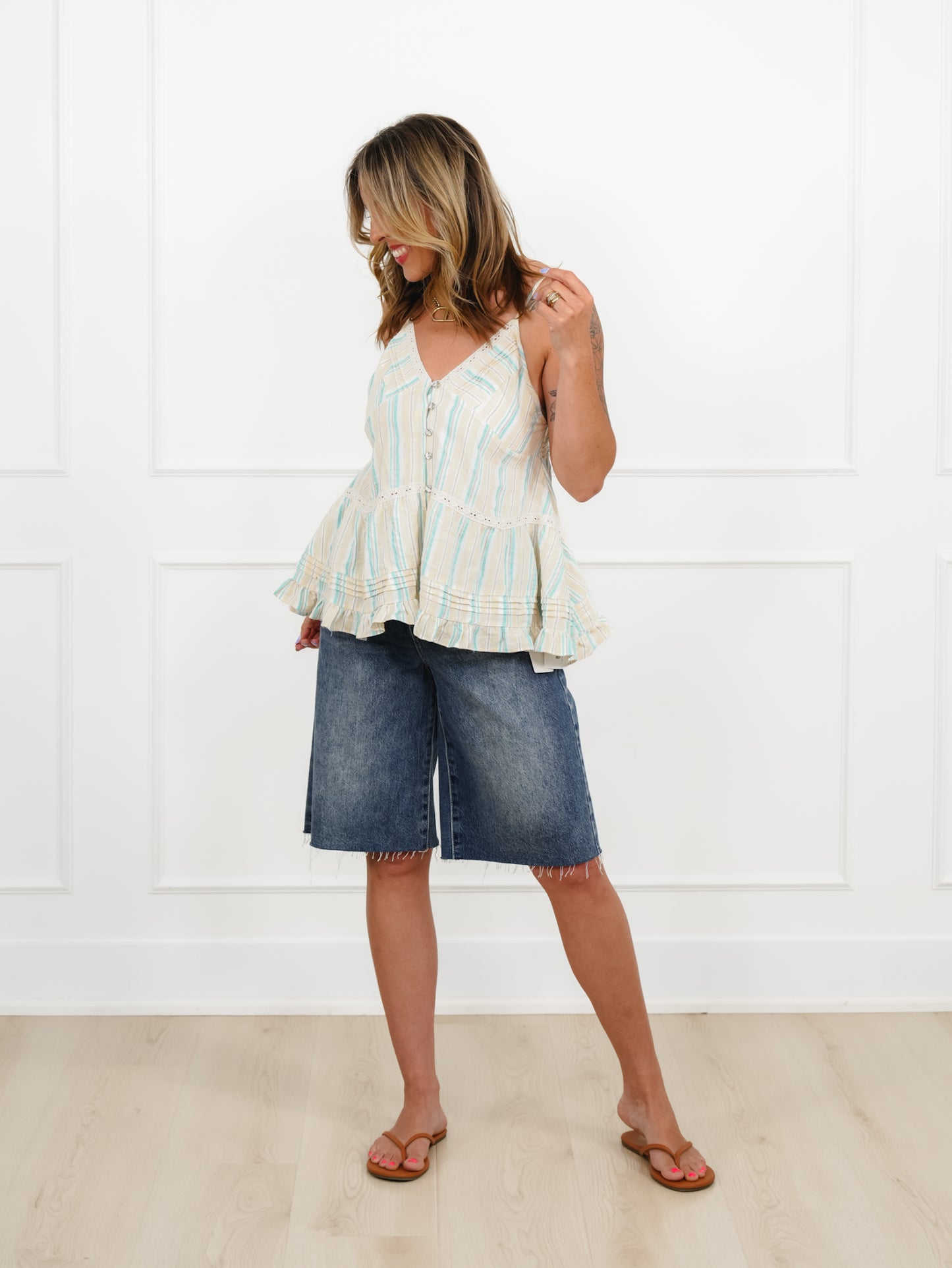 POL Stripe Sleeveless V Neck Button Down Top