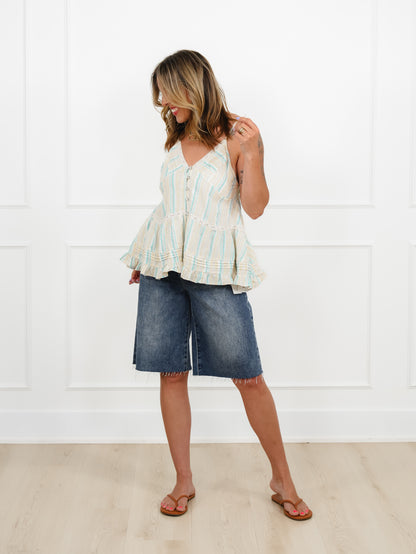 POL Stripe Sleeveless V Neck Button Down Top