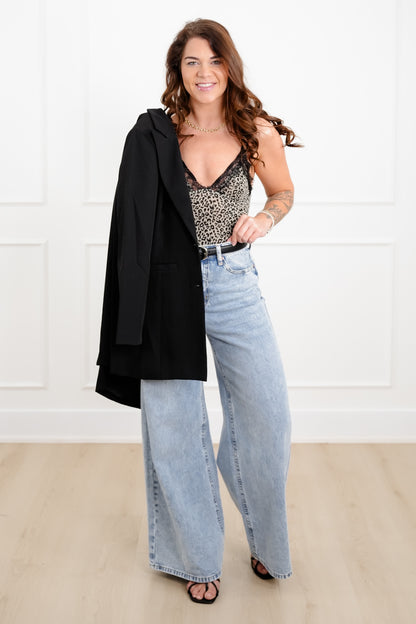 POL Sleeveless V Neck Lace Trim Leopard Print Body Suit