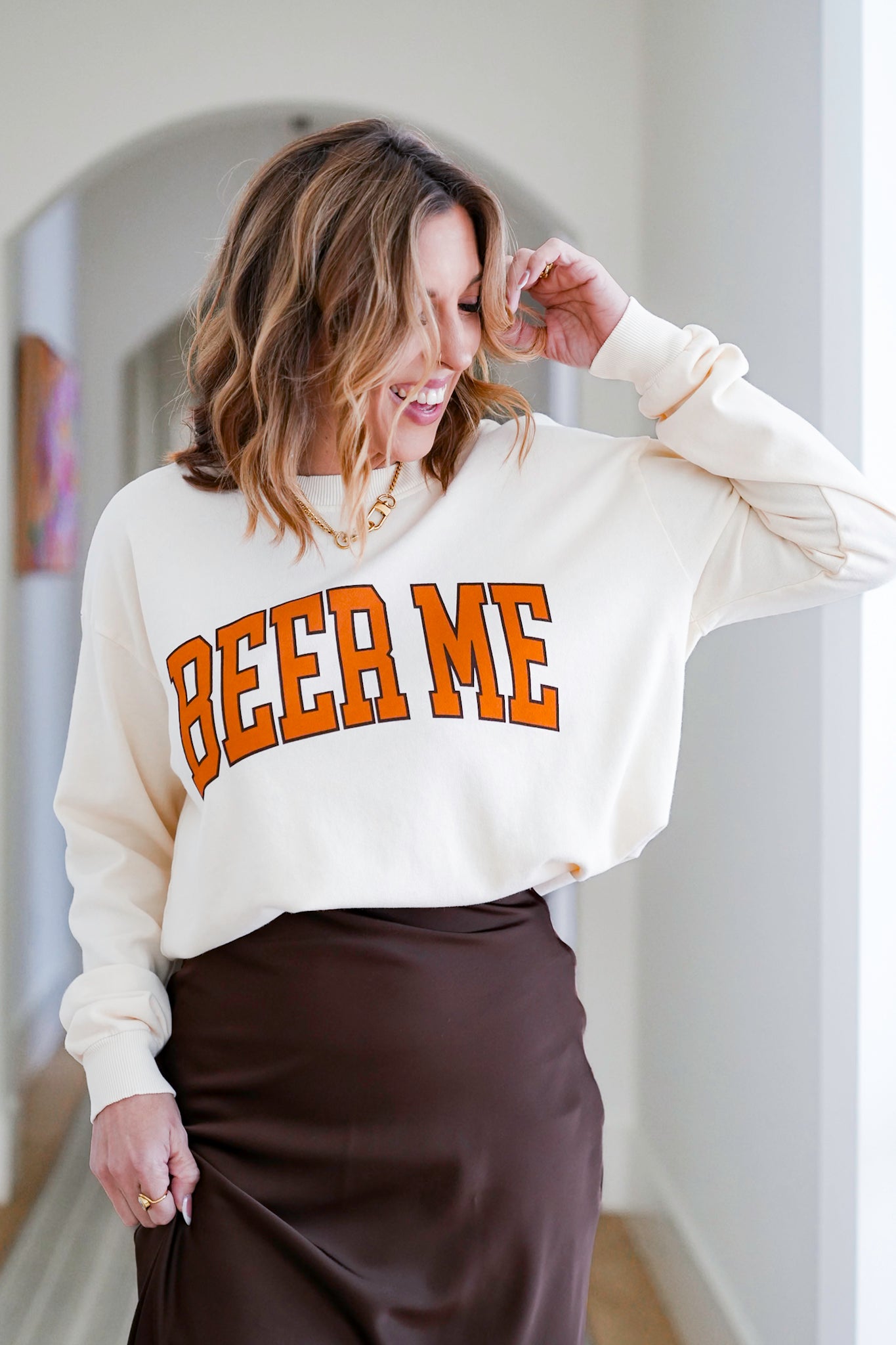 Cream Long Sleeve "Beer Me" Graphic Sweatshirt