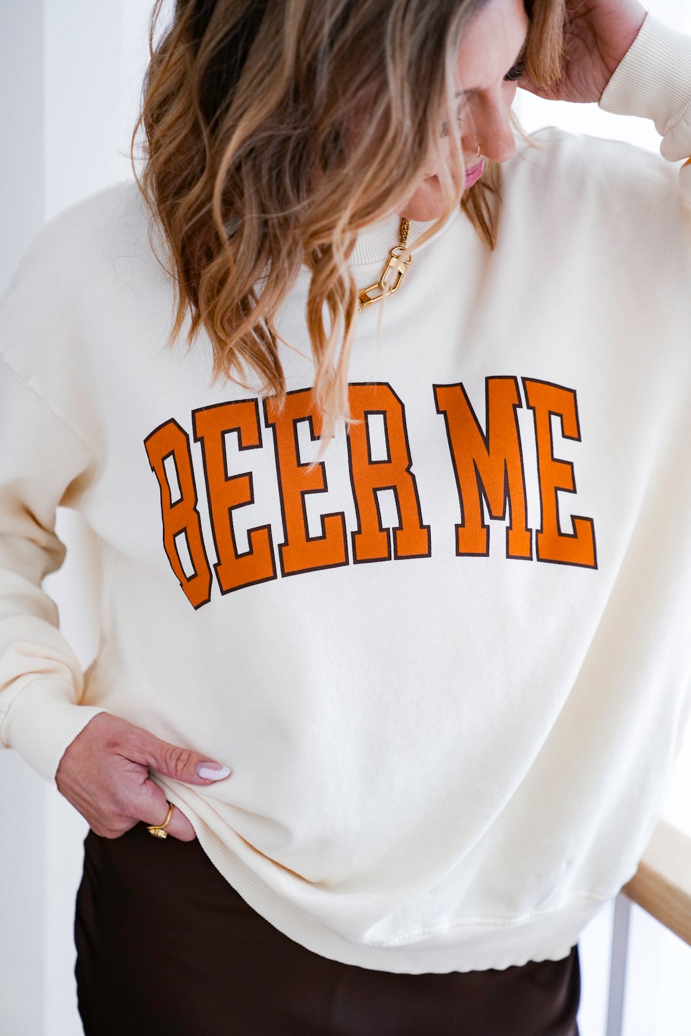 Cream Long Sleeve "Beer Me" Graphic Sweatshirt