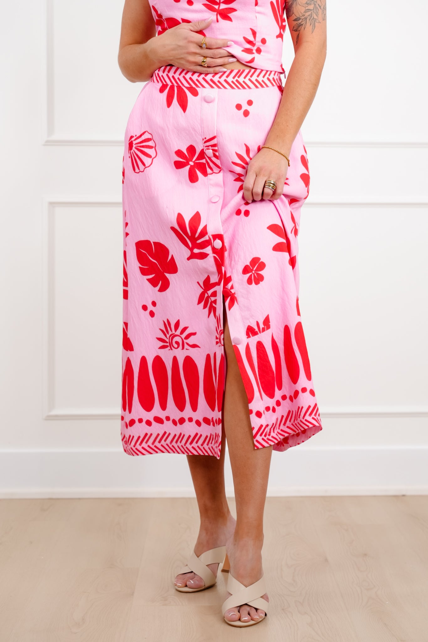 Tropical Print Button Down Midi Skirt