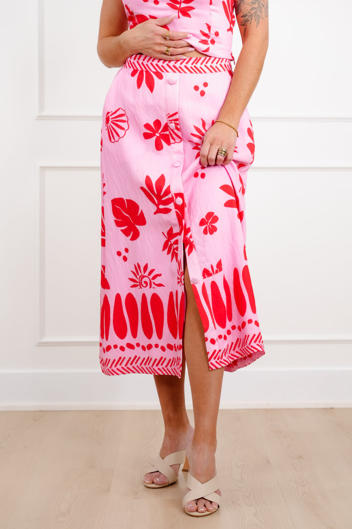 Tropical Print Button Down Midi Skirt