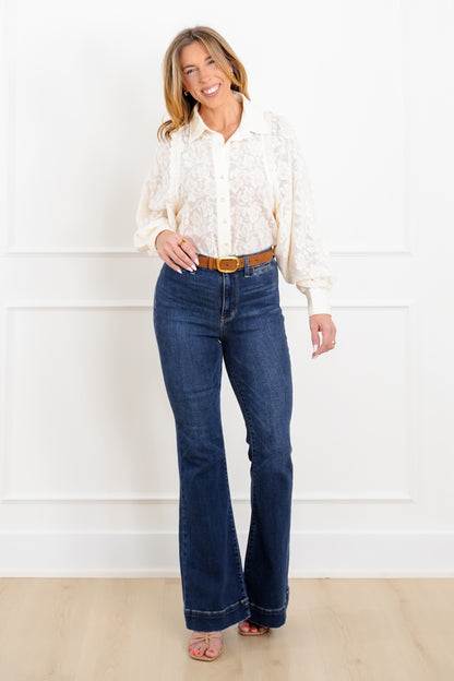 Plus/Reg Ivory Floral Long Sleeve Button Up Top