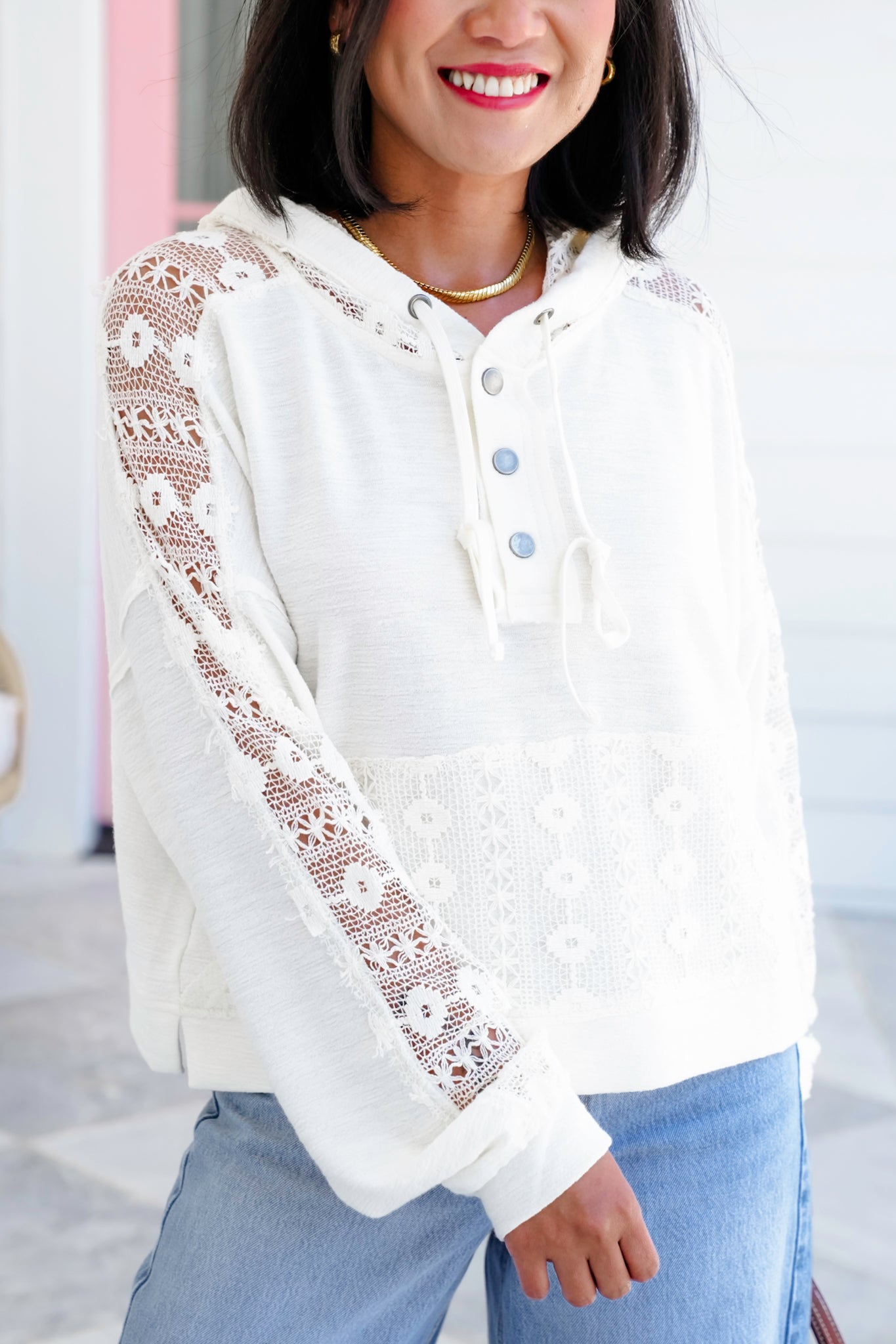 Ivory Long Sleeve Hoodie Top with Front Kangaroo Pocket