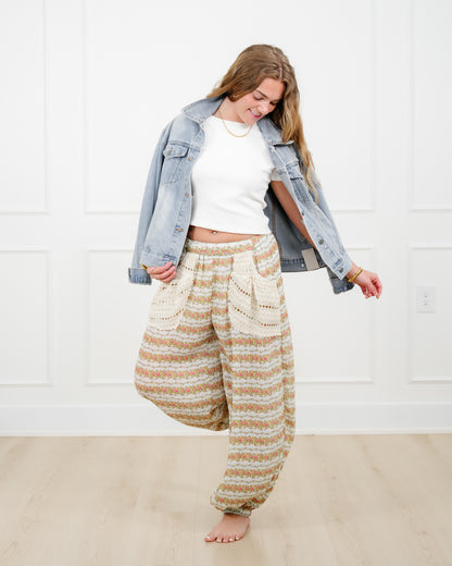 POL Floral Stripe Elastic Waist Pants with Crochet Pockets