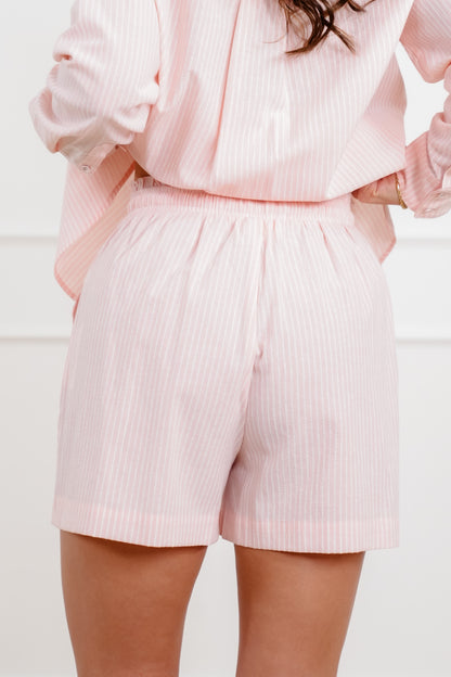 Plus/Reg Pinstripe Elastic Waist Shorts with Drawstring