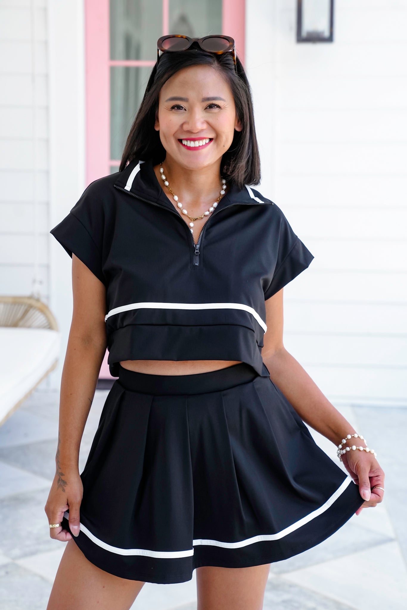 Black Short Sleeve Half-Zip Crop Top