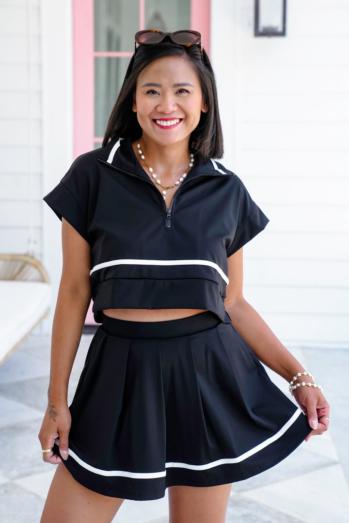 Black Short Sleeve Half-Zip Crop Top