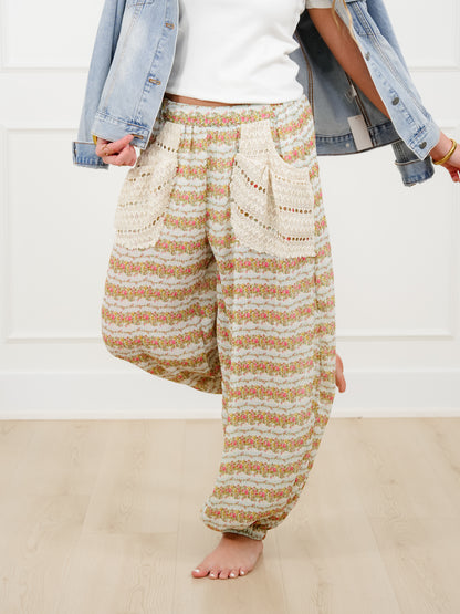 POL Floral Stripe Elastic Waist Pants with Crochet Pockets