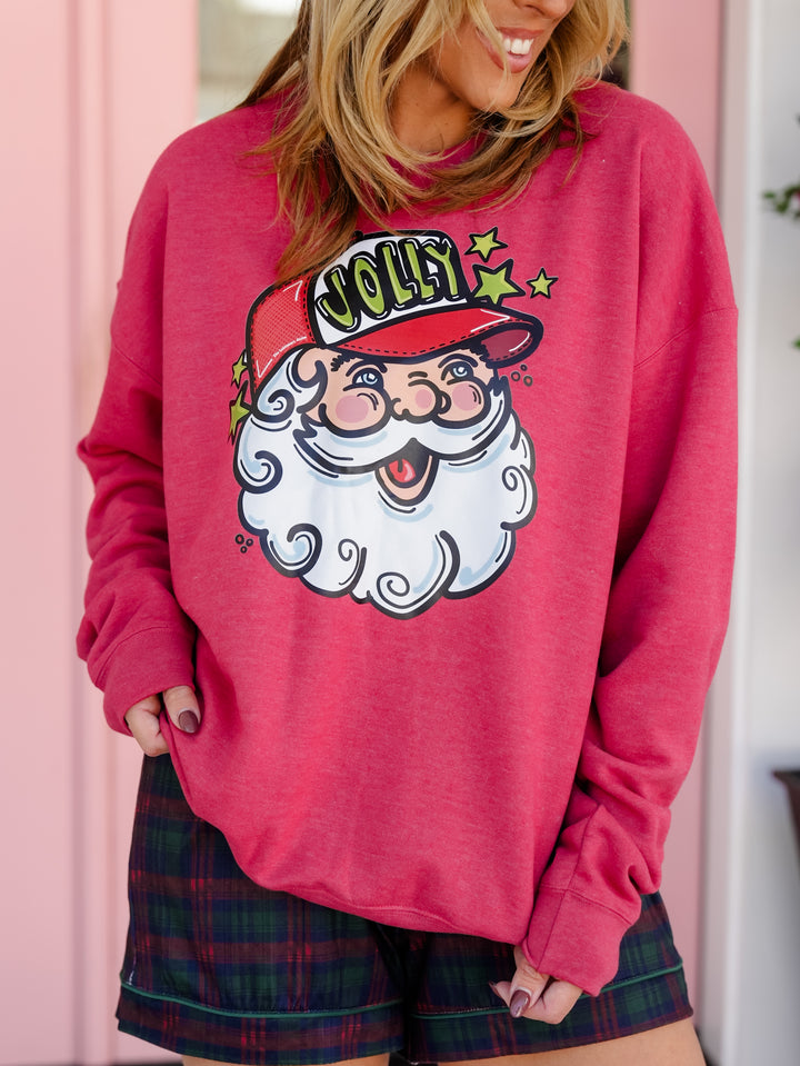 Plus/Reg Red Long Sleeve "Jolly Santa Trucker" Graphic Sweatshirt - Freckled Poppy