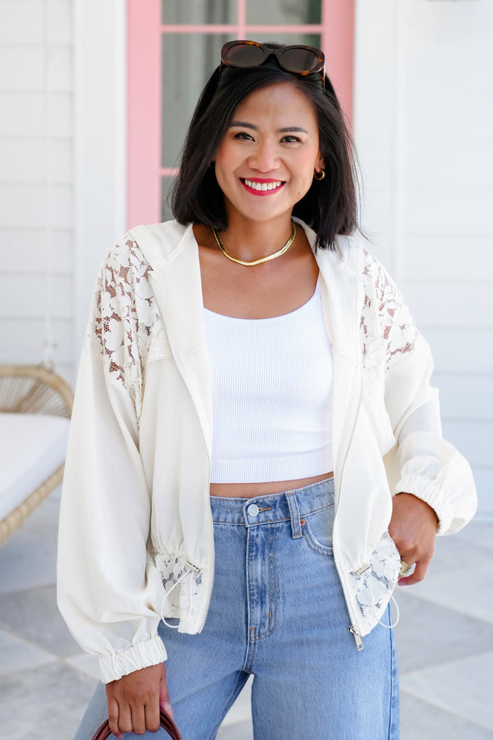 Cream Long Sleeve Zip Up Hoodie Jacket with Lace Detail