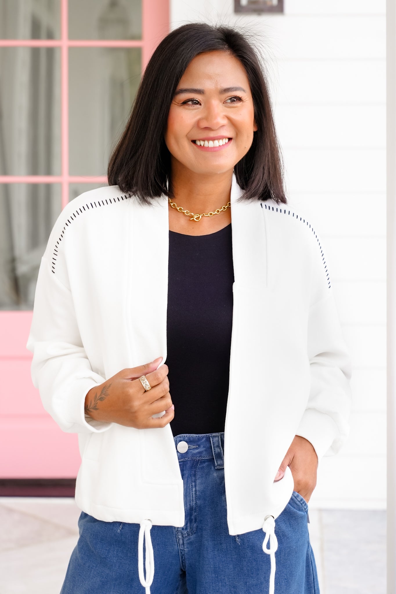 Plus/Reg Long Sleeve Open Front Jacket with Stitching