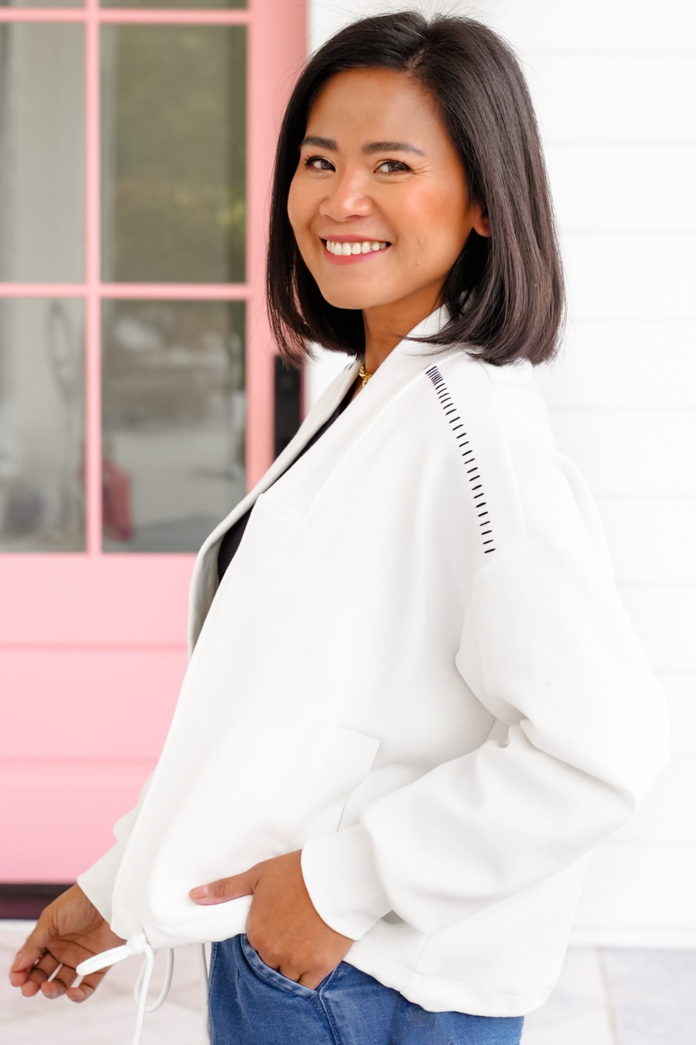 Plus/Reg Long Sleeve Open Front Jacket with Stitching