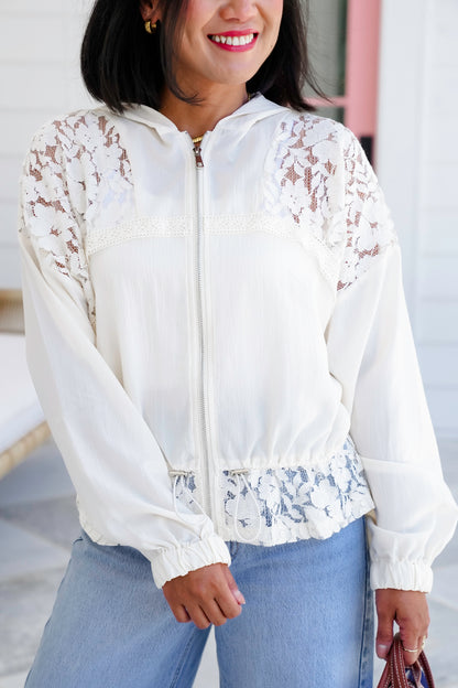Cream Long Sleeve Zip Up Hoodie Jacket with Lace Detail