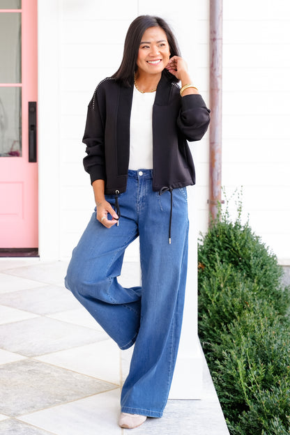 Plus/Reg Long Sleeve Open Front Jacket with Stitching