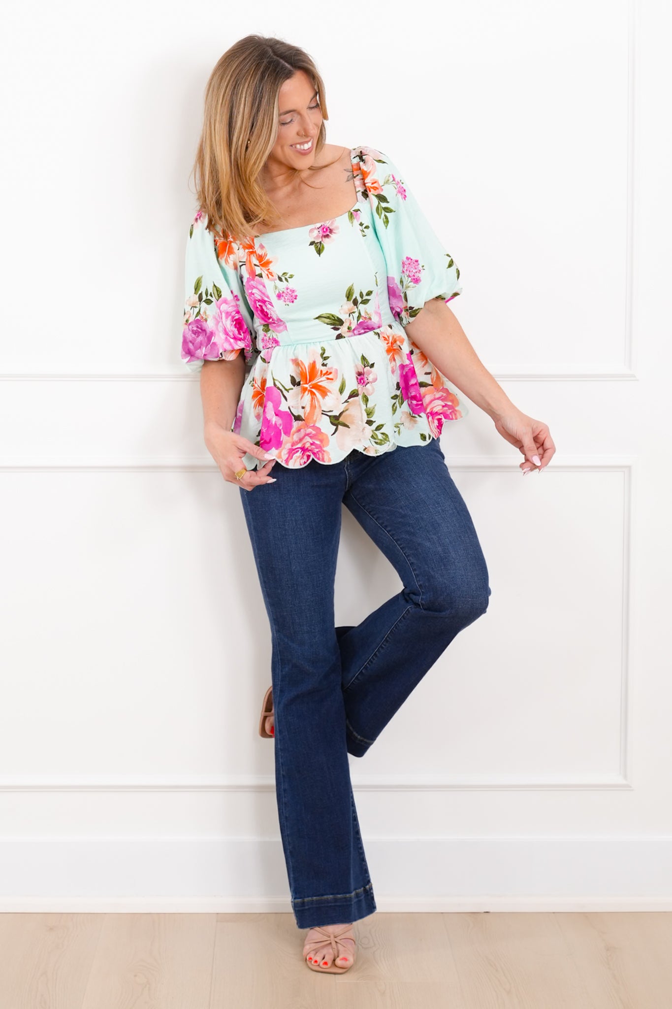 Plus/Reg Floral Print Puff Sleeve Square Neck Top – Freckled Poppy