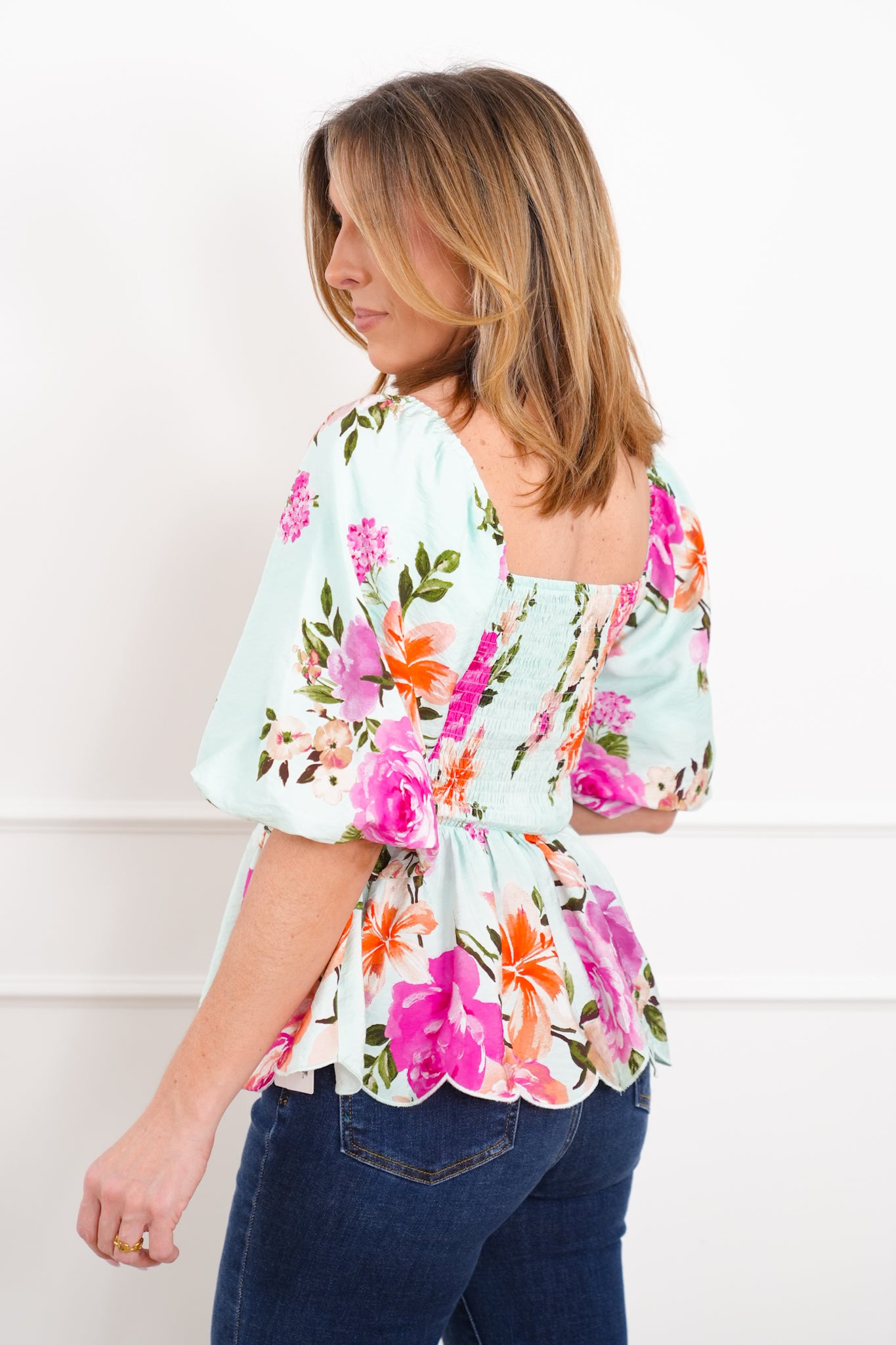 Plus/Reg Floral Print Puff Sleeve Square Neck Top
