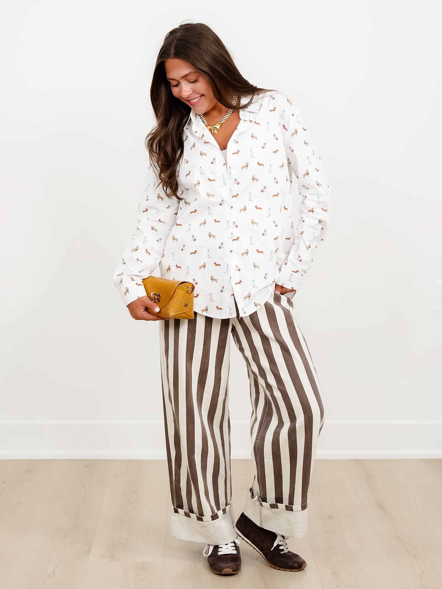 Allover Dog Print Collared Button Down Blouse