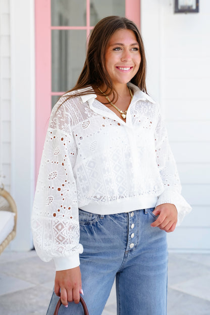 White Long Sleeve Half Button Up Top with Lace Detail