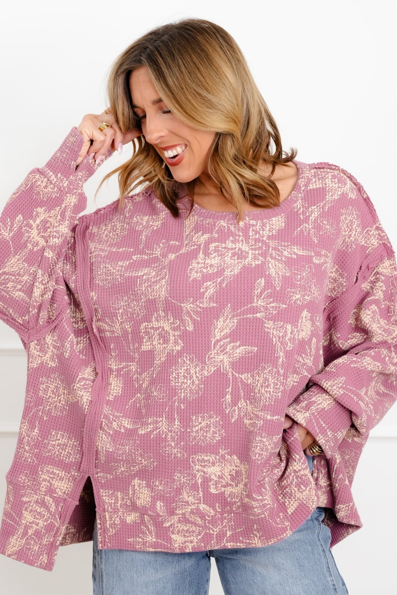 Floral Print Thermal Long Sleeve Round Neck Top