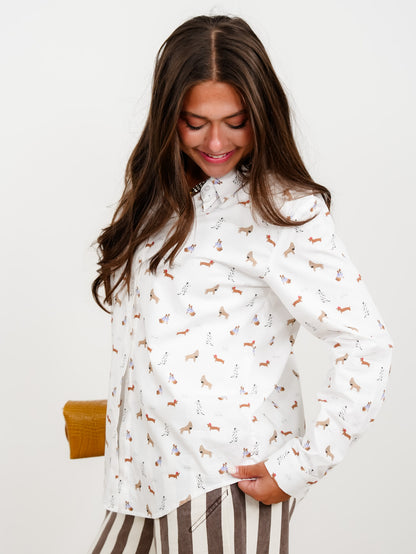 Allover Dog Print Collared Button Down Blouse