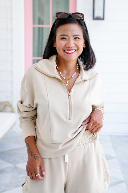 Beige Long Sleeve Half-Zip Pullover Top