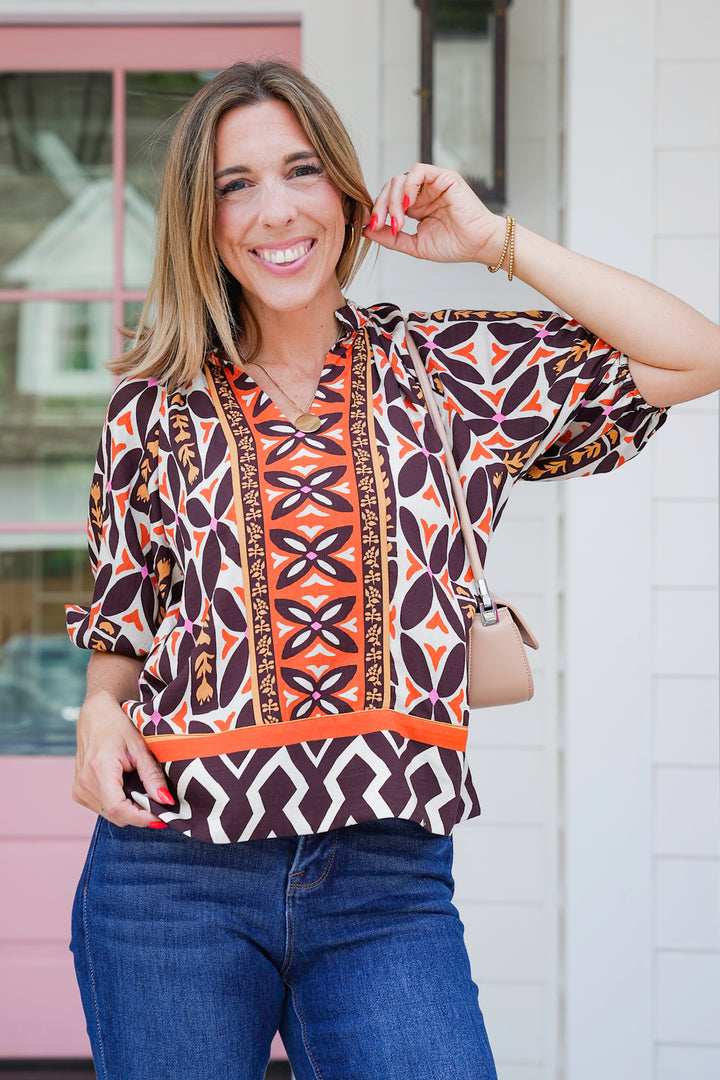 Floral Short Puff Sleeve V Neck Top